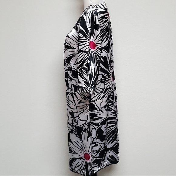 VINTAGE 90s Chico's Black Fuschia Satin Abstract Floral V-neck Shift Dress - Picture 6 of 11